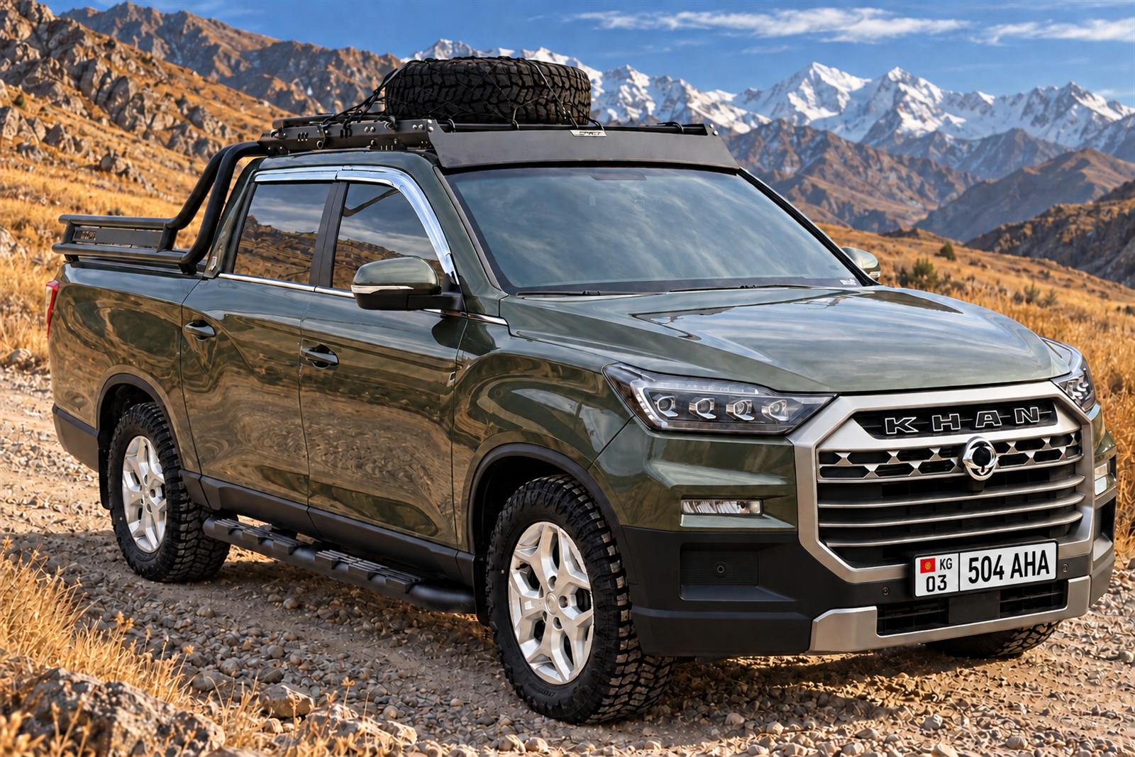 Аренда пикапа KGM Rexton Sports Khan 2024 цвета хаки в Бишкеке — три четверти спереди