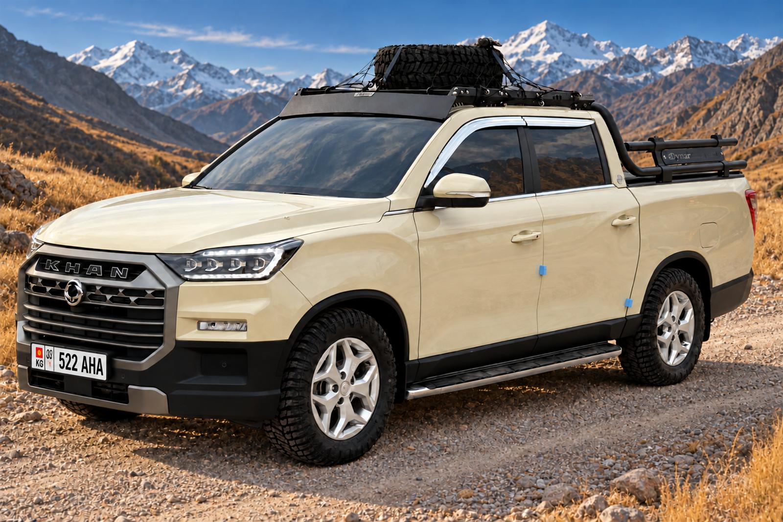 Аренда пикапа KGM Rexton Sports Khan 2024 песочного цвета в Бишкеке — три четверти спереди